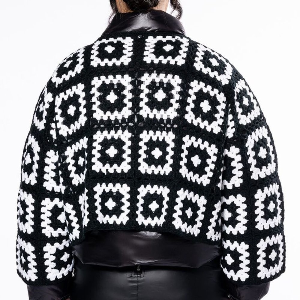 Miz Puffer Crochet: Detachable Contrast Knit Cardigan Vinyl Winter Coat L XL - Picture 7 of 17